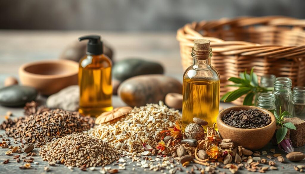 A beautifully arranged still life showcasing an assortment of natural Hungarian cosmetic ingredients. In the foreground, an array of earthy tones and textures - crushed herbs, dried flowers, and pure essential oils in elegant glass bottles. The middle ground features polished river stones, wooden bowls, and a woven basket, creating a rustic, artisanal ambiance. The background is softly illuminated, with a warm, diffused light that casts a gentle glow, highlighting the natural beauty and purity of the ingredients. The overall composition evokes a sense of simplicity, authenticity, and the Hungarian tradition of crafting high-quality, botanical-based cosmetics. A beautifully arranged still life showcasing an assortment of natural Hungarian cosmetic ingredients. In the foreground, an array of earthy tones and textures - crushed herbs, dried flowers, and pure essential oils in elegant glass bottles. The middle ground features polished river stones, wooden bowls, and a woven basket, creating a rustic, artisanal ambiance. The background is softly illuminated, with a warm, diffused light that casts a gentle glow, highlighting the natural beauty and purity of the ingredients. The overall composition evokes a sense of simplicity, authenticity, and the Hungarian tradition of crafting high-quality, botanical-based cosmetics.