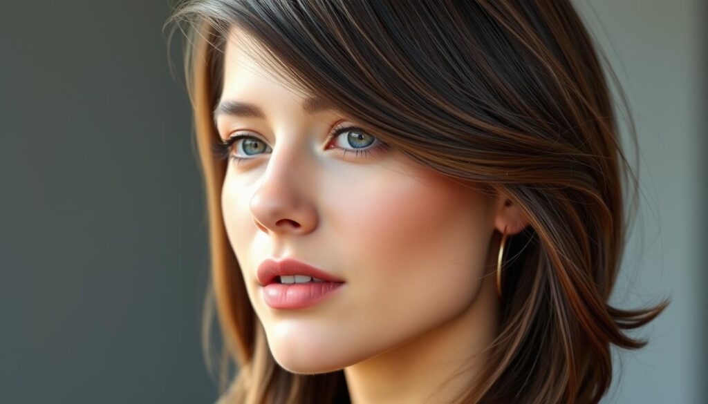 A chic and modern hairstyle for 2024, featuring lush, volumized locks with a sleek, polished finish. The style showcases a smooth, side-parted style with subtle face-framing layers that gracefully flow around the model's face. Soft, natural lighting accentuates the shiny, healthy-looking hair, creating a glamorous yet effortless aesthetic. The model's expression conveys a confident, stylish aura, perfectly complementing the cutting-edge haircut. Captured in a close-up, high-resolution shot that highlights the intricate details and texture of the hairstyle. A chic and modern hairstyle for 2024, featuring lush, volumized locks with a sleek, polished finish. The style showcases a smooth, side-parted style with subtle face-framing layers that gracefully flow around the model's face. Soft, natural lighting accentuates the shiny, healthy-looking hair, creating a glamorous yet effortless aesthetic. The model's expression conveys a confident, stylish aura, perfectly complementing the cutting-edge haircut. Captured in a close-up, high-resolution shot that highlights the intricate details and texture of the hairstyle.