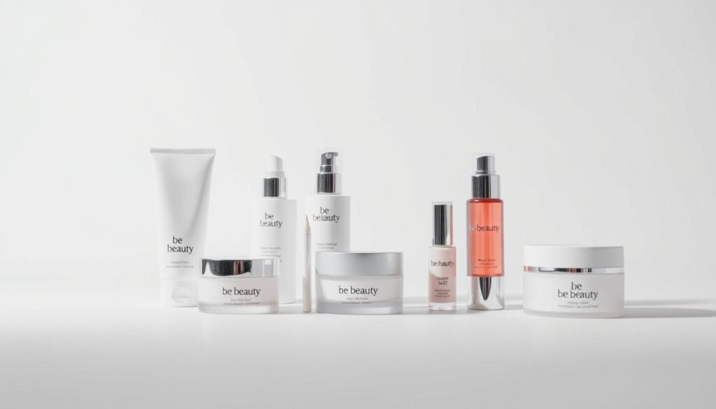 A clean, well-lit studio shot of the "Be Beauty" cosmetic product line, showcasing the elegant, minimalist packaging design. The products are arranged artfully on a pristine white background, with soft, directional lighting that highlights the textures and colors. The overall mood is one of sophistication and attention to detail. The camera angle is slightly low, giving the viewer a sense of the quality and care put into the product presentation. The lighting is balanced, with subtle shadows adding depth and dimension to the scene. The composition is carefully considered, drawing the eye to the key elements of the "Be Beauty" brand.