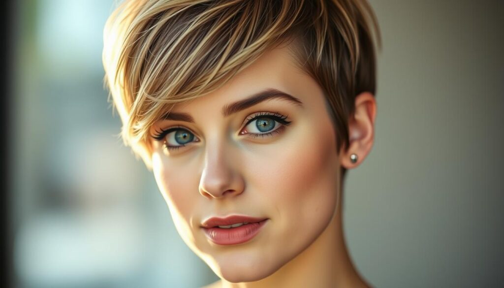 A close-up portrait of a woman with a short, stylish pixie haircut that flatters her round face. The lighting is soft and diffused, creating a warm, natural glow on her features. Her hair is textured and tousled, with subtle highlights that add depth and dimension. The background is blurred, keeping the focus on her face and hairstyle. The overall mood is modern, elegant, and showcases a chic, low-maintenance look that would suit a woman with a fuller, rounder facial structure.