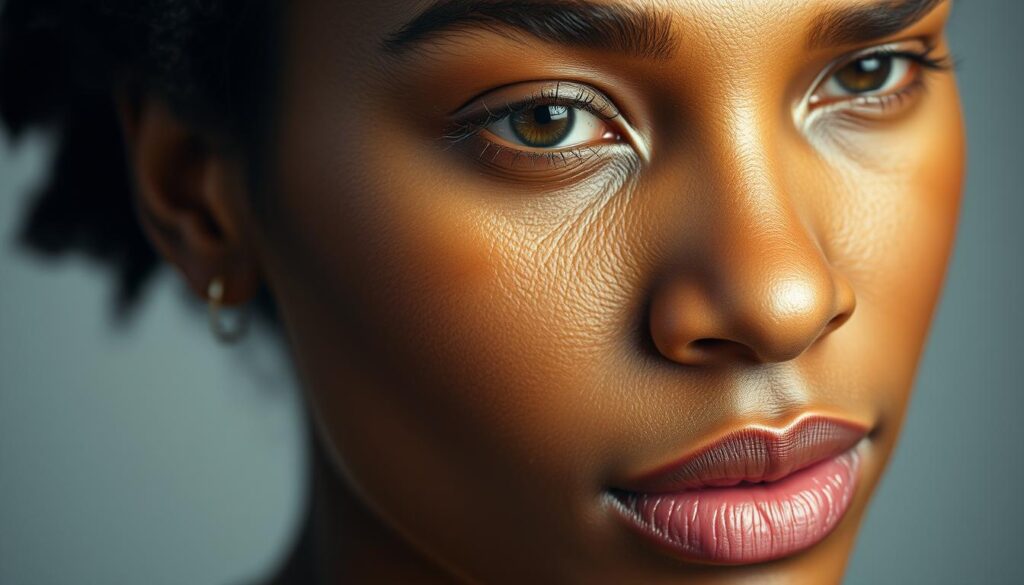 A close-up portrait of a woman's face, shot with a high-resolution camera lens. The lighting is soft and evenly distributed, creating a warm, natural glow. The focus is sharp on the facial features, particularly the contours of the cheeks, jawline, and forehead, showcasing the unique shape and structure of the face. The background is slightly blurred, placing the emphasis solely on the subject's facial anatomy. The overall tone is serene and introspective, inviting the viewer to closely examine the nuances of the face shape.