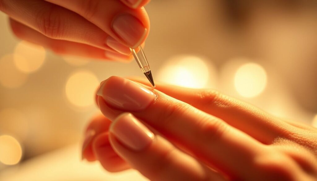 A close-up shot of a hand gently preparing a nail for a french manicure. The cuticles are being carefully pushed back, the nail surface is being buffed, and the skin around the nail is being conditioned. Warm, soft lighting illuminates the scene, casting a comforting glow. The background is blurred, keeping the focus on the meticulous nail preparation process. The image conveys a sense of care, attention to detail, and the importance of proper nail and skin conditioning before applying a hybrid gel polish.