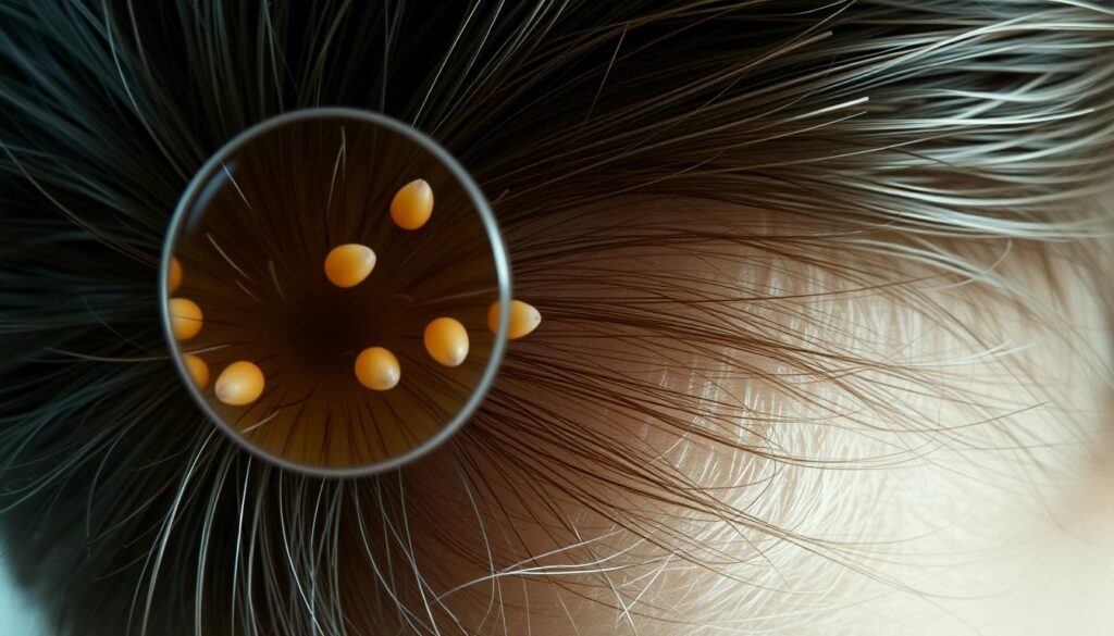 A close-up shot of a human head, with a magnified view of the scalp, revealing the intricate details of hair follicles and the presence of tiny, egg-shaped objects clinging to the strands. The lighting is soft and diffused, casting gentle shadows that accentuate the texture and structure of the hair and scalp. The focus is sharp, allowing for a crisp, detailed representation of the "temperatura a gnidy" (head lice and their eggs) in their natural environment. The overall mood is one of scientific curiosity and clinical examination, inviting the viewer to explore the subject matter with a sense of objectivity and attention to detail. A close-up shot of a human head, with a magnified view of the scalp, revealing the intricate details of hair follicles and the presence of tiny, egg-shaped objects clinging to the strands. The lighting is soft and diffused, casting gentle shadows that accentuate the texture and structure of the hair and scalp. The focus is sharp, allowing for a crisp, detailed representation of the "temperatura a gnidy" (head lice and their eggs) in their natural environment. The overall mood is one of scientific curiosity and clinical examination, inviting the viewer to explore the subject matter with a sense of objectivity and attention to detail.
