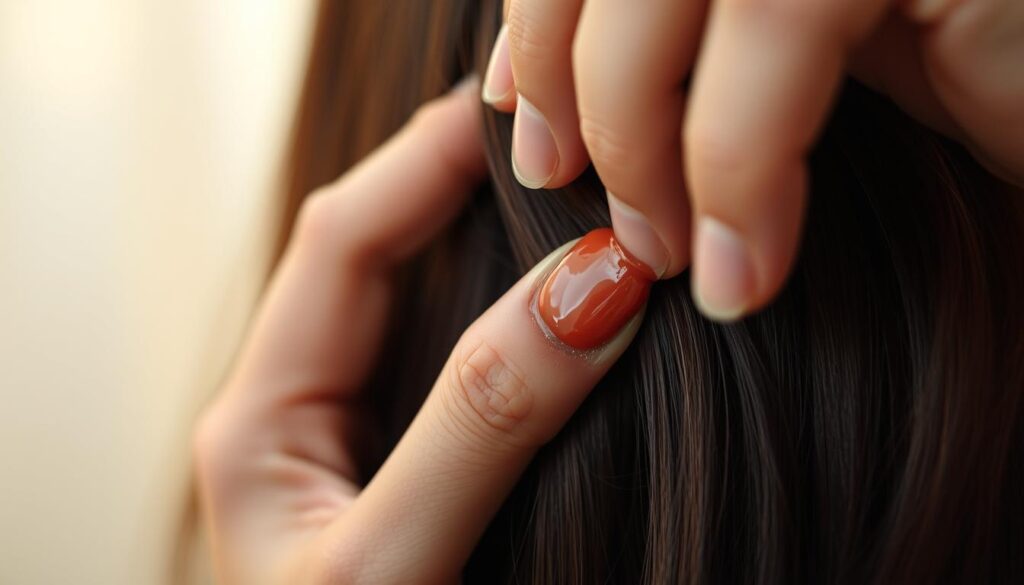 A close-up shot of a person's hand delicately applying hair dye to the roots of their hair. The hair is a dark, natural color, and the dye is a vibrant, rich shade. The person's fingers are carefully working the dye through the hair, ensuring even coverage. The background is blurred, creating a soft, diffused focus on the application process. Soft, warm lighting illuminates the scene, creating a serene, intimate atmosphere. The overall image conveys the care and attention required to properly apply hair dye and achieve the desired result.