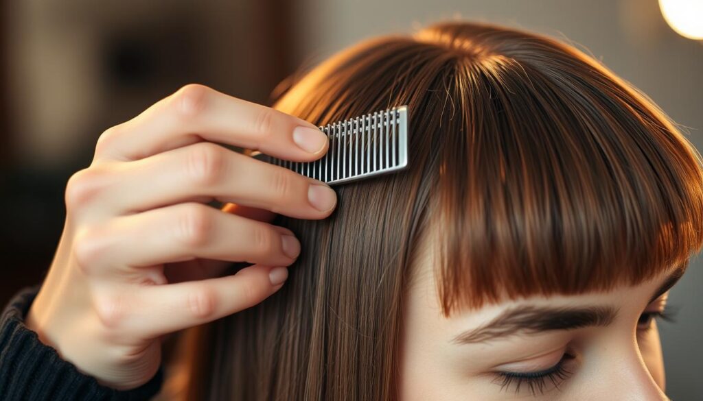 A close-up shot of a person's hands meticulously combing and sectioning their hair, preparing it for the precise styling of a stylish fringe. The hair is clean, smooth, and healthy-looking, reflecting warm lighting from an angled studio setup. The focus is sharp, capturing the delicate movements and attention to detail as the person gets their hair ready for the next step in the styling process. The scene conveys a sense of focus, care, and anticipation, setting the stage for the sleek, polished fringe to come.