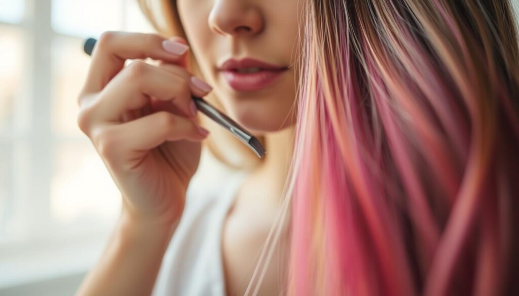 A close-up shot of a woman's hands carefully applying hair dye to her roots, with strands of vibrant color emerging. The scene is well-lit, with soft, natural lighting from a nearby window, creating a warm and inviting atmosphere. The background is blurred, keeping the focus on the intricate process of at-home hair coloring. The woman's expression is one of concentration and care as she ensures an even, professional-looking application. The texture of the hair dye and the strands of hair are rendered with meticulous detail, conveying the tactile experience of the task at hand.
