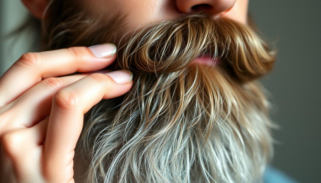 A close-up shot of a woman's hands delicately grooming and caring for a full, voluminous beard. The lighting is soft and natural, highlighting the intricate texture and sheen of the facial hair. The background is blurred, keeping the focus on the elegant, precise movements of the fingers as they comb through and shape the beard. The overall mood is one of tranquility and attention to detail, reflecting the care and dedication required to maintain a well-groomed, feminine beard. A close-up shot of a woman's hands delicately grooming and caring for a full, voluminous beard. The lighting is soft and natural, highlighting the intricate texture and sheen of the facial hair. The background is blurred, keeping the focus on the elegant, precise movements of the fingers as they comb through and shape the beard. The overall mood is one of tranquility and attention to detail, reflecting the care and dedication required to maintain a well-groomed, feminine beard.