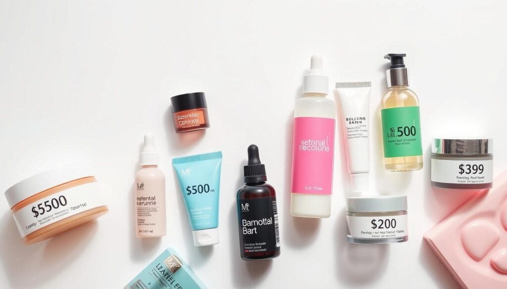 A close-up shot of various cosmetic products arranged on a clean, minimalist white background. The products should have a range of different prices displayed prominently on their packaging, showcasing the variation in costs. Soft, diffused lighting from the top and sides creates gentle shadows, emphasizing the textures and materials of the items. The composition should be visually balanced, with the products evenly spaced and aligned. The overall mood should convey a sense of comparison and analysis, encouraging the viewer to consider the factors that influence the pricing of cosmetics.