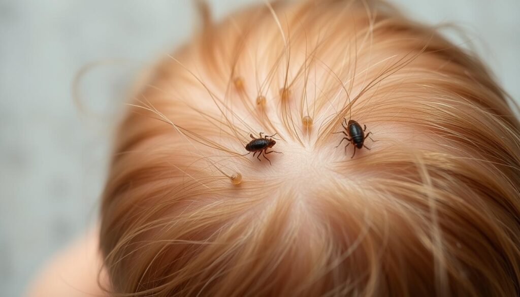A close-up view of a child's scalp, revealing the presence of head lice and their eggs (nits) clinging to the hair strands. The image should have a sharp, clinical focus, with good lighting to clearly showcase the unwelcome parasitic infestation. The background should be a neutral, out-of-focus surface, maintaining the attention on the detailed view of the scalp. Convey a sense of discomfort and the need for effective treatment, without being overly graphic or alarming. The overall mood should be one of a medical/educational illustration, rather than an emotive or dramatic depiction. A close-up view of a child's scalp, revealing the presence of head lice and their eggs (nits) clinging to the hair strands. The image should have a sharp, clinical focus, with good lighting to clearly showcase the unwelcome parasitic infestation. The background should be a neutral, out-of-focus surface, maintaining the attention on the detailed view of the scalp. Convey a sense of discomfort and the need for effective treatment, without being overly graphic or alarming. The overall mood should be one of a medical/educational illustration, rather than an emotive or dramatic depiction.
