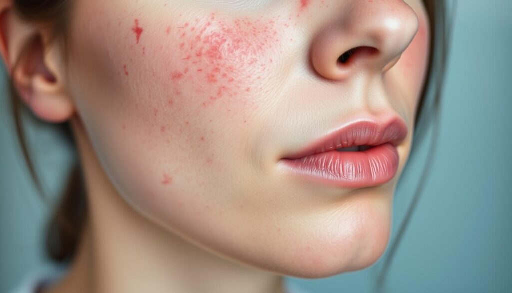 A close-up view of a woman's face, showcasing the distinct characteristics of rosacea-prone skin. The foreground depicts the uneven texture, visible blood vessels, and areas of redness or flushing on the cheeks, nose, and chin. The middle ground highlights the delicate, almost translucent quality of the complexion, with a slight sheen from the natural oils. The background is softly blurred, creating a serene, clinical atmosphere that emphasizes the focus on the skin's condition. The lighting is soft and diffused, casting gentle shadows to accentuate the skin's topography. The overall mood is one of clinical examination, inviting the viewer to closely observe and understand the distinct features of rosacea-prone skin. A close-up view of a woman's face, showcasing the distinct characteristics of rosacea-prone skin. The foreground depicts the uneven texture, visible blood vessels, and areas of redness or flushing on the cheeks, nose, and chin. The middle ground highlights the delicate, almost translucent quality of the complexion, with a slight sheen from the natural oils. The background is softly blurred, creating a serene, clinical atmosphere that emphasizes the focus on the skin's condition. The lighting is soft and diffused, casting gentle shadows to accentuate the skin's topography. The overall mood is one of clinical examination, inviting the viewer to closely observe and understand the distinct features of rosacea-prone skin.