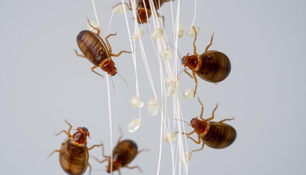 A close-up view of lice and nits (lice eggs) against a neutral gray background. The lice are depicted in exquisite detail, with their segmented bodies, tiny legs, and distinctive features visible. The nits cling to individual strands of hair, showcasing their small, oval shapes and translucent shells. The lighting is soft and diffused, accentuating the intricate textures and creating a sense of scientific observation. The overall tone is clinical and educational, suitable for illustrating the subject matter of the article.