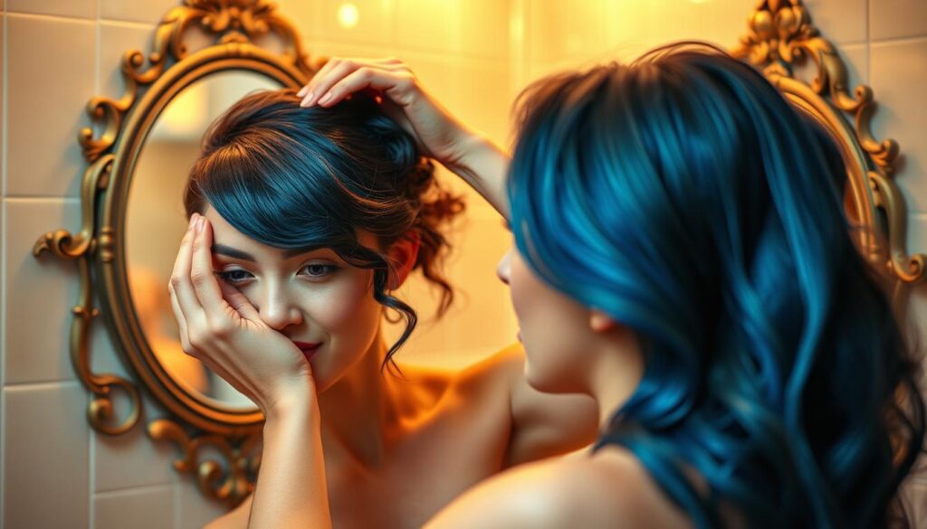 A cozy bathroom scene with a woman diligently applying hair toner to her roots. The soft, warm lighting accentuates the rich, vibrant color of the toner as it is carefully massaged into the scalp. The woman's expression is one of focused concentration, underscoring the importance of this hair care ritual. In the background, a vintage-style vanity mirror reflects the scene, adding a touch of elegant sophistication. The overall atmosphere conveys a sense of self-care and the transformative power of hair toning. Detailed, high-resolution, photorealistic.