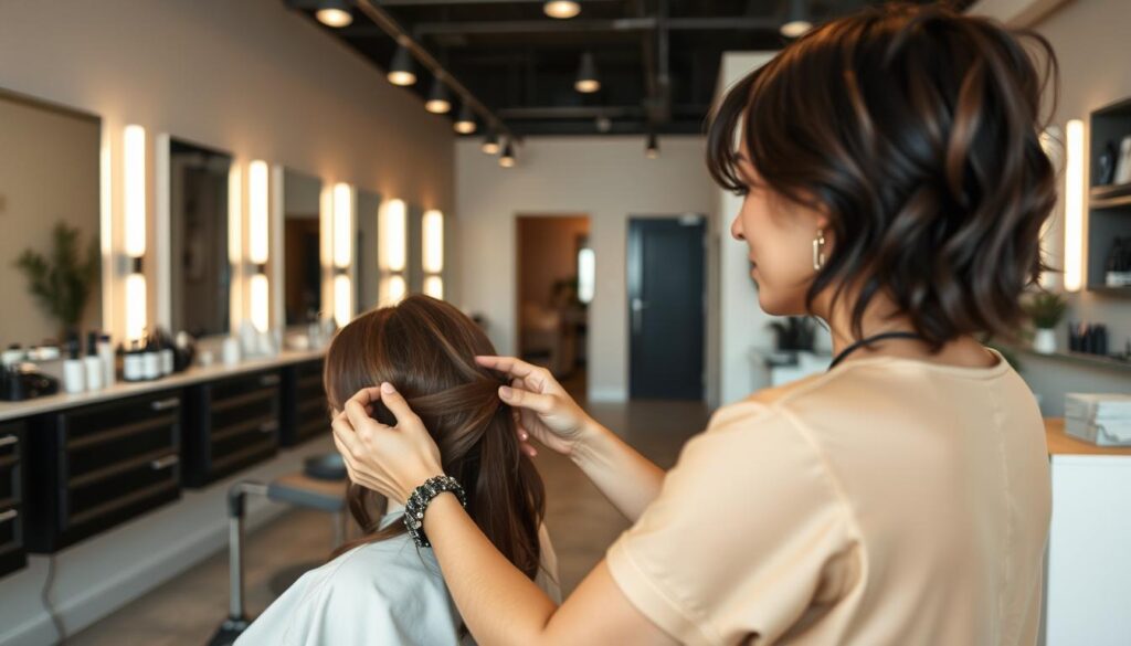 A cozy, well-lit salon interior with a sleek, minimalist design. In the foreground, a stylish hairstylist attends to a client, their hands delicately working through the person's hair. The middle ground features an array of cutting tools, styling products, and mirrors lining the walls, creating a sense of professionalism and expertise. The background showcases a serene, neutral-toned ambiance, with soft lighting and subtle decor elements that evoke a relaxing, spa-like atmosphere. The overall scene conveys a sense of personal care, attention to detail, and a commitment to providing high-quality hairstyling services. A cozy, well-lit salon interior with a sleek, minimalist design. In the foreground, a stylish hairstylist attends to a client, their hands delicately working through the person's hair. The middle ground features an array of cutting tools, styling products, and mirrors lining the walls, creating a sense of professionalism and expertise. The background showcases a serene, neutral-toned ambiance, with soft lighting and subtle decor elements that evoke a relaxing, spa-like atmosphere. The overall scene conveys a sense of personal care, attention to detail, and a commitment to providing high-quality hairstyling services.