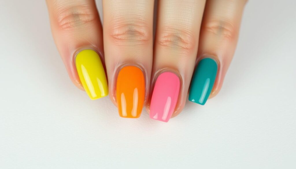 A delicate manicure showcasing the theory of color, with a vibrant, harmonious palette of hues. The nails are perfectly groomed, each one a canvas for a distinct color that seamlessly blends with the others, creating a visually captivating display. The lighting is soft and diffused, accentuating the subtle sheen of the nail polish and lending an air of elegance and sophistication. The composition is well-balanced, with the nails occupying the central focus, surrounded by a neutral, minimalist background that allows the colors to take center stage. The overall atmosphere evokes a sense of tranquility and attention to detail, perfectly capturing the essence of the "teoria koloru w manicure" concept.