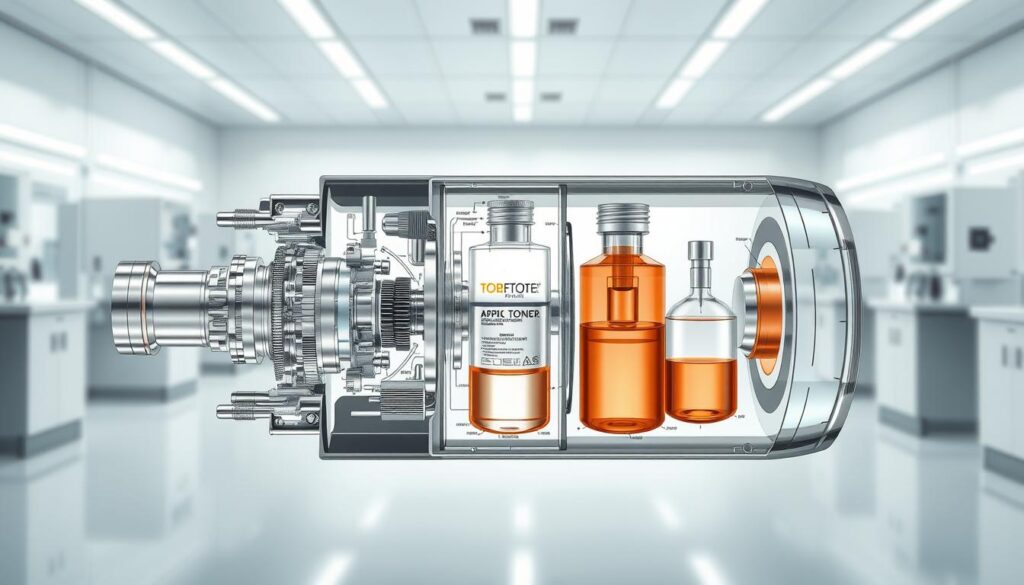 A detailed cross-sectional view of the inner workings of a hair toner, depicted with precise engineering diagrams and technical schematics. The foreground showcases the toner's applicator mechanism, with intricate gears, levers, and dispensing nozzles. The middle ground reveals the chemical storage and mixing chambers, illustrating the precise blending of pigments and conditioning agents. The background features a clean, minimalist laboratory setting with sleek, modern equipment, conveying a sense of scientific rigor and advanced hair care technology. Rendered in a muted, technical color palette with crisp, high-contrast lighting to emphasize the mechanical precision of the design.
