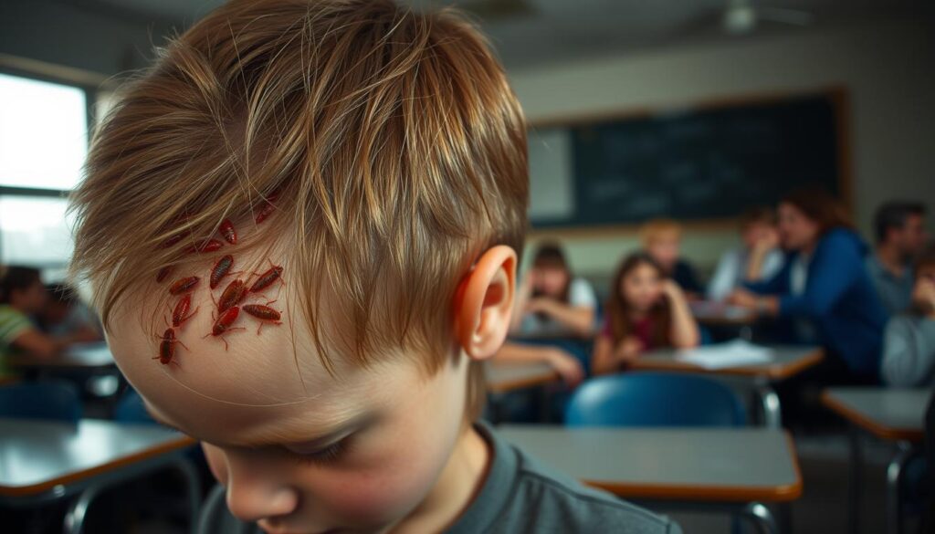 A dimly lit classroom interior, desks and chairs scattered haphazardly. In the foreground, a close-up view of a student's hair, infested with crawling lice. Their scalp is red and irritated, a testament to the distress caused by the parasitic infestation. The middle ground reveals other students, their expressions ranging from discomfort to concern, as they grapple with the pervasive problem of head lice. The background is blurred, but suggests a sense of unease and disarray, reflecting the broader challenge of addressing this prevalent issue within the school environment.