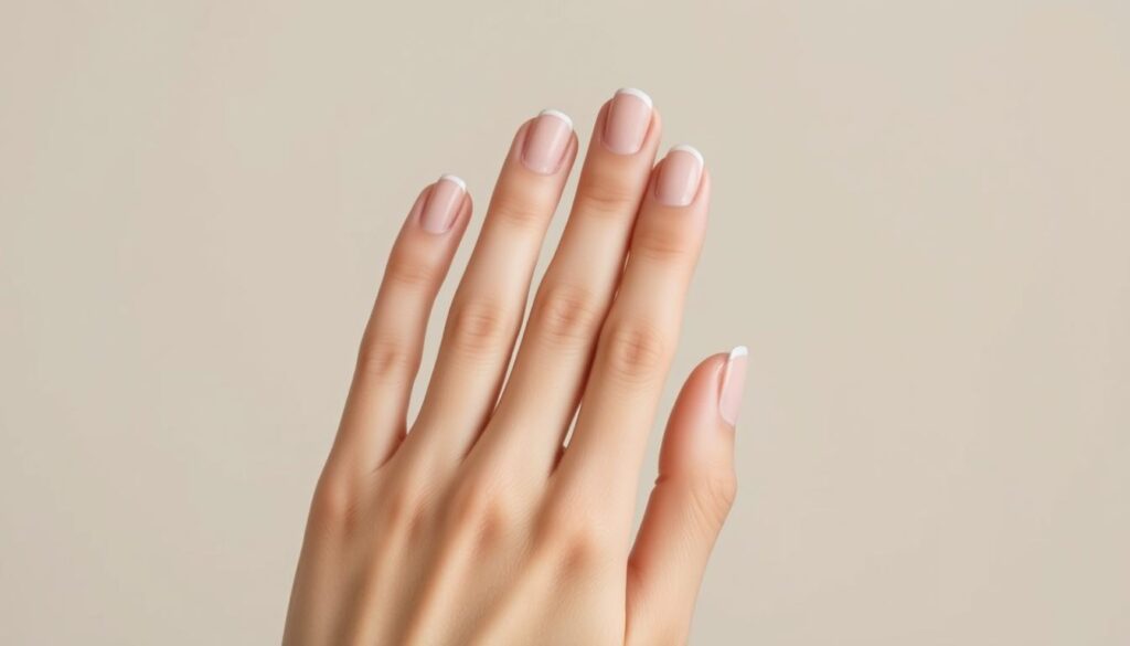 A elegant close-up shot of a well-manicured hand against a soft, neutral-toned background. The fingers are adorned with a subtle, natural-looking nail polish in a range of delicate nude hues, creating a harmonious and refined palette. Diffused lighting gently illuminates the nails, highlighting their smooth texture and healthy appearance. The composition emphasizes the hands as the central focus, showcasing the perfect blend of colors that would complement a wide variety of skin tones. This image evokes a sense of sophisticated simplicity, perfectly suited to illustrate the "Wyb&oacute;r idealnych kolor&oacute;w i lakier&oacute;w" section of the article.