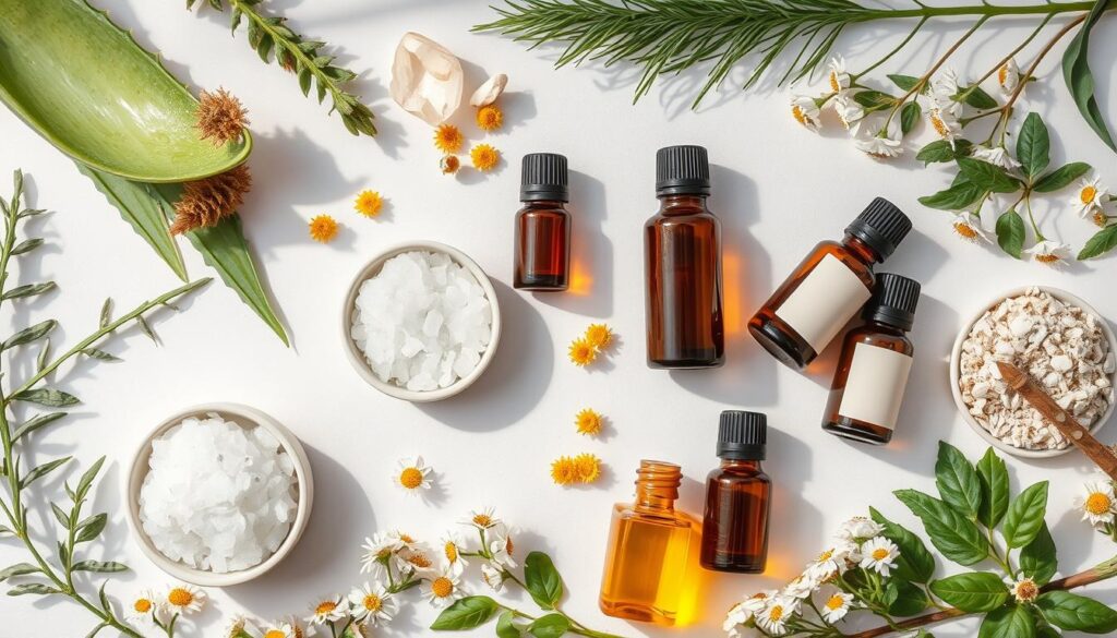 A flat-lay arrangement of assorted natural skincare ingredients, including fresh aloe vera leaves, chamomile flowers, sea salt crystals, and a variety of essential oils in glass bottles. The scene is evenly lit from above, creating soft shadows that accentuate the textures and colors of the organic materials. The overall mood is calming and wellness-focused, showcasing the key elements that contribute to formulating gentle, effective cosmetic products. A flat-lay arrangement of assorted natural skincare ingredients, including fresh aloe vera leaves, chamomile flowers, sea salt crystals, and a variety of essential oils in glass bottles. The scene is evenly lit from above, creating soft shadows that accentuate the textures and colors of the organic materials. The overall mood is calming and wellness-focused, showcasing the key elements that contribute to formulating gentle, effective cosmetic products.
