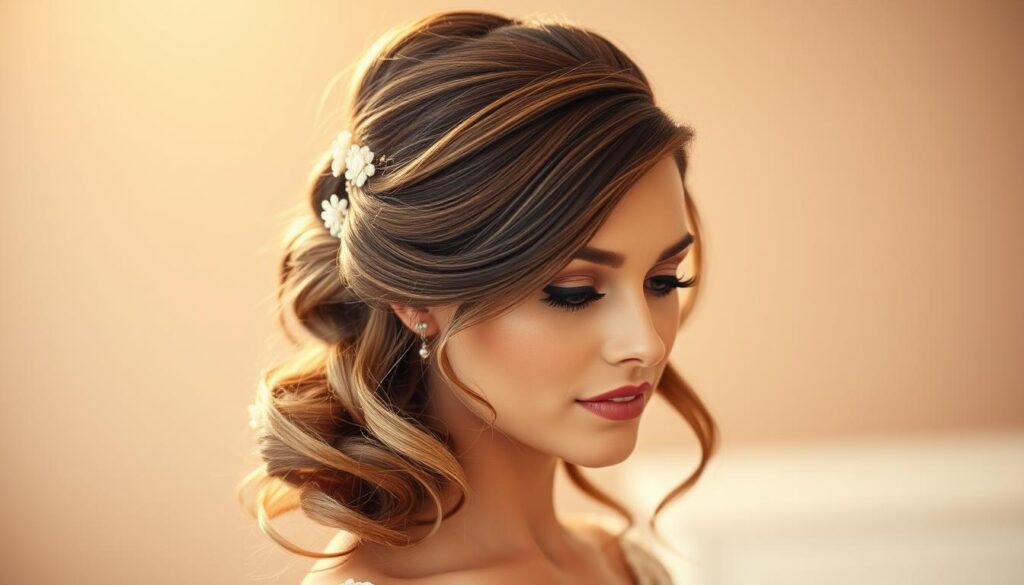 A glamorous wedding hairstyle, featuring a sleek and sophisticated updo. Delicate curls frame the face, cascading down the shoulders. The style is accented with subtle floral embellishments, adding a touch of elegance. Soft, diffused lighting from above creates a warm, romantic atmosphere, highlighting the intricate details of the hairstyle. The model's expression conveys a sense of poise and confidence, befitting the importance of the occasion. The focus is on the hairstyle, showcasing its beauty and elegance as the centerpiece of the image.