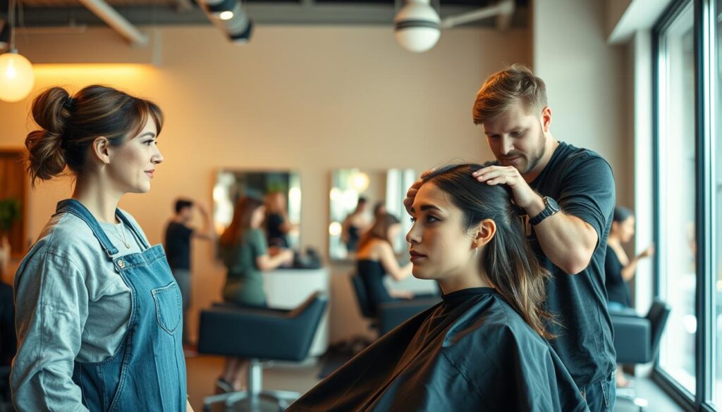 A hair salon interior with warm, diffused lighting filtering through large windows. In the foreground, a client sits in a styling chair, their face in focused contemplation as a hairstylist carefully examines their hair and facial features. The stylist's expression conveys an attentive, personalized approach. In the middle ground, other stylists work one-on-one with clients, tailoring cuts and styles to each individual. The background reveals a serene, minimalist space with clean lines and natural materials, creating a calming atmosphere conducive to the personalized hair care experience.