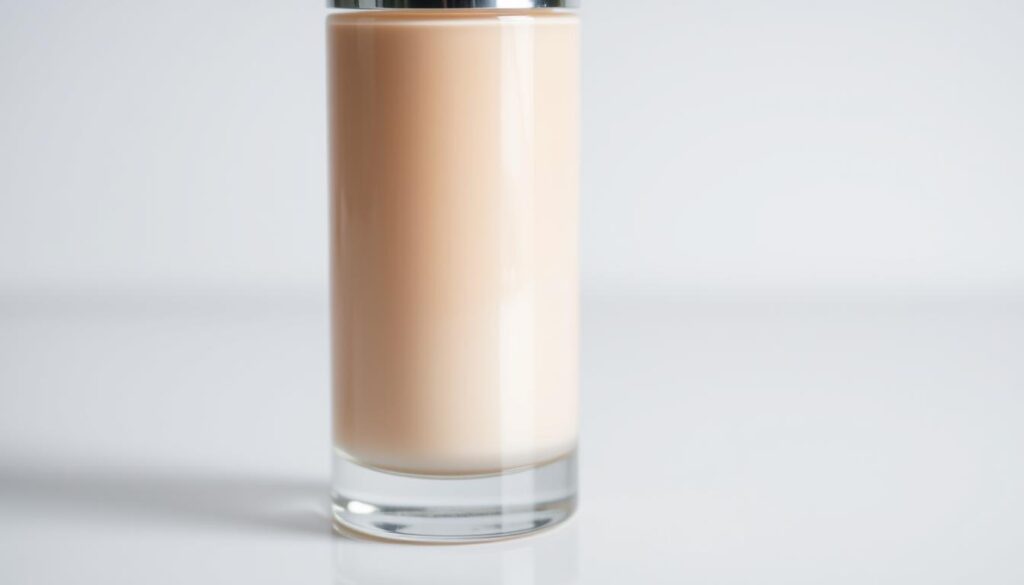 A high-quality, close-up photograph of a glass bottle containing a cosmetic makeup base or primer product for sensitive, rosacea-prone skin. The bottle has a sleek, minimalist design with a clean, matte finish in a soft, neutral color. The lighting is soft and diffuse, highlighting the texture and sheen of the product. The background is blurred and out of focus, keeping the attention on the bottle. The overall mood is calm, sophisticated, and focused on the key product features that would appeal to someone with reactive, vascular skin. A high-quality, close-up photograph of a glass bottle containing a cosmetic makeup base or primer product for sensitive, rosacea-prone skin. The bottle has a sleek, minimalist design with a clean, matte finish in a soft, neutral color. The lighting is soft and diffuse, highlighting the texture and sheen of the product. The background is blurred and out of focus, keeping the attention on the bottle. The overall mood is calm, sophisticated, and focused on the key product features that would appeal to someone with reactive, vascular skin.