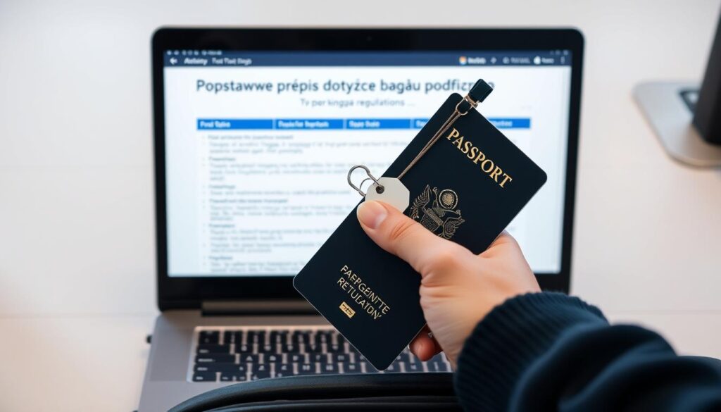 A high-resolution, detailed image of a passenger's hand holding an airport luggage tag and passport, with an open laptop or tablet displaying airline baggage regulations in the background. The scene is well-lit, with a clean, minimalist aesthetic. The focus is on the informational content, conveying the subject of "Podstawowe przepisy dotyczące bagażu podręcznego" in a visually engaging manner. The overall mood is professional, informative, and designed to illustrate the article's section on carry-on luggage rules and restrictions. A high-resolution, detailed image of a passenger's hand holding an airport luggage tag and passport, with an open laptop or tablet displaying airline baggage regulations in the background. The scene is well-lit, with a clean, minimalist aesthetic. The focus is on the informational content, conveying the subject of "Podstawowe przepisy dotyczące bagażu podręcznego" in a visually engaging manner. The overall mood is professional, informative, and designed to illustrate the article's section on carry-on luggage rules and restrictions.