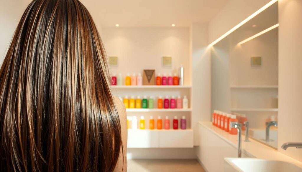 A lush, glossy-haired person stands in a softly lit, minimalist bathroom setting. The foreground features their hair cascading down, the strands glistening with a healthy sheen. In the middle ground, rows of premium haircare products, including a selection of vibrant, color-coded hair rinses, are neatly arranged on pristine white shelves. The background depicts a spacious, spa-like environment with clean lines, neutral tones, and a calming, serene atmosphere. Warm, directional lighting accentuates the lustrous texture of the hair and the high-quality, luxurious look of the products. The overall mood conveys a sense of revitalization, well-being, and the transformative effects of using specialized hair rinses.