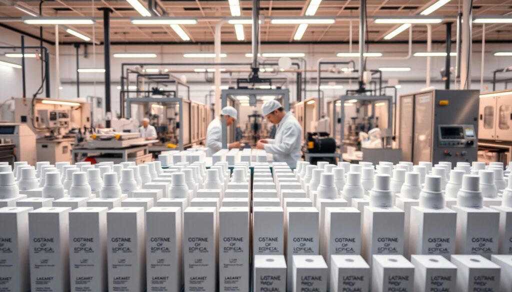 A modern, sleek Polish cosmetics production facility. In the foreground, rows of meticulously packaged skincare products in minimalist, elegant designs. The middle ground features workers in white lab coats carefully inspecting and quality-checking the items. The background showcases state-of-the-art, high-tech machinery and equipment used in the manufacturing process, bathed in warm, soft lighting. An atmosphere of precision, innovation, and pride in Polish craftsmanship pervades the scene.
