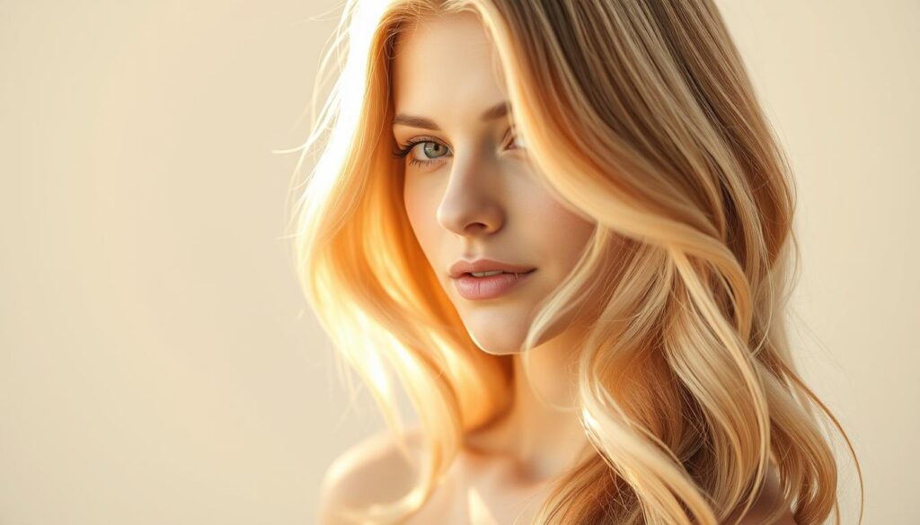 A natural, soft blonde hue illuminates the model's hair, catching the light from a warm, golden hour glow. The strands flow in gentle waves, framing the face in a flattering, feminine silhouette. The background is a serene, pastel-tinted studio setting, allowing the hair color to take center stage. Careful lighting and a shallow depth of field create a dreamy, ethereal atmosphere, highlighting the nuanced tones and sheen of the blonde. The overall impression is one of effortless, sophisticated beauty - the perfect representation of the "dobór odpowiedniego odcienia blondu" section. A natural, soft blonde hue illuminates the model's hair, catching the light from a warm, golden hour glow. The strands flow in gentle waves, framing the face in a flattering, feminine silhouette. The background is a serene, pastel-tinted studio setting, allowing the hair color to take center stage. Careful lighting and a shallow depth of field create a dreamy, ethereal atmosphere, highlighting the nuanced tones and sheen of the blonde. The overall impression is one of effortless, sophisticated beauty - the perfect representation of the "dobór odpowiedniego odcienia blondu" section.