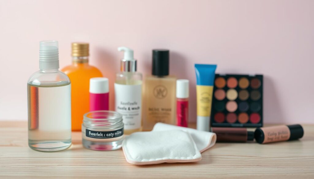 A neatly arranged still life showcasing the essential skincare products for an 11-year-old girl. In the foreground, a delicate glass bottle of gentle face wash, a jar of moisturizing cream, and a soft cleansing pad sit atop a wooden surface. In the middle ground, a colorful array of lip balms, a roll-on perfume, and a makeup-free palette of tinted lip glosses create a cohesive and age-appropriate display. The background features a soft, pastel-hued gradient, creating a soothing, tranquil atmosphere. The lighting is soft and diffused, highlighting the natural textures and colors of the products. The overall composition conveys a sense of simplicity, purity, and care, suitable for the youthful subject. A neatly arranged still life showcasing the essential skincare products for an 11-year-old girl. In the foreground, a delicate glass bottle of gentle face wash, a jar of moisturizing cream, and a soft cleansing pad sit atop a wooden surface. In the middle ground, a colorful array of lip balms, a roll-on perfume, and a makeup-free palette of tinted lip glosses create a cohesive and age-appropriate display. The background features a soft, pastel-hued gradient, creating a soothing, tranquil atmosphere. The lighting is soft and diffused, highlighting the natural textures and colors of the products. The overall composition conveys a sense of simplicity, purity, and care, suitable for the youthful subject.
