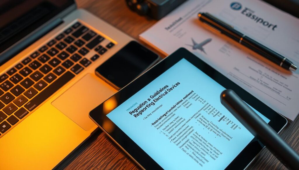 A neatly organized desk with a laptop, smartphone, and travel documents. Regulations and guidelines for transporting electrical devices are displayed on a tablet screen, illuminated by warm, directional lighting. The scene conveys a sense of professionalism and attention to detail, reflecting the importance of understanding the rules and restrictions for carrying hair straighteners and other electronics in carry-on luggage. A neatly organized desk with a laptop, smartphone, and travel documents. Regulations and guidelines for transporting electrical devices are displayed on a tablet screen, illuminated by warm, directional lighting. The scene conveys a sense of professionalism and attention to detail, reflecting the importance of understanding the rules and restrictions for carrying hair straighteners and other electronics in carry-on luggage.