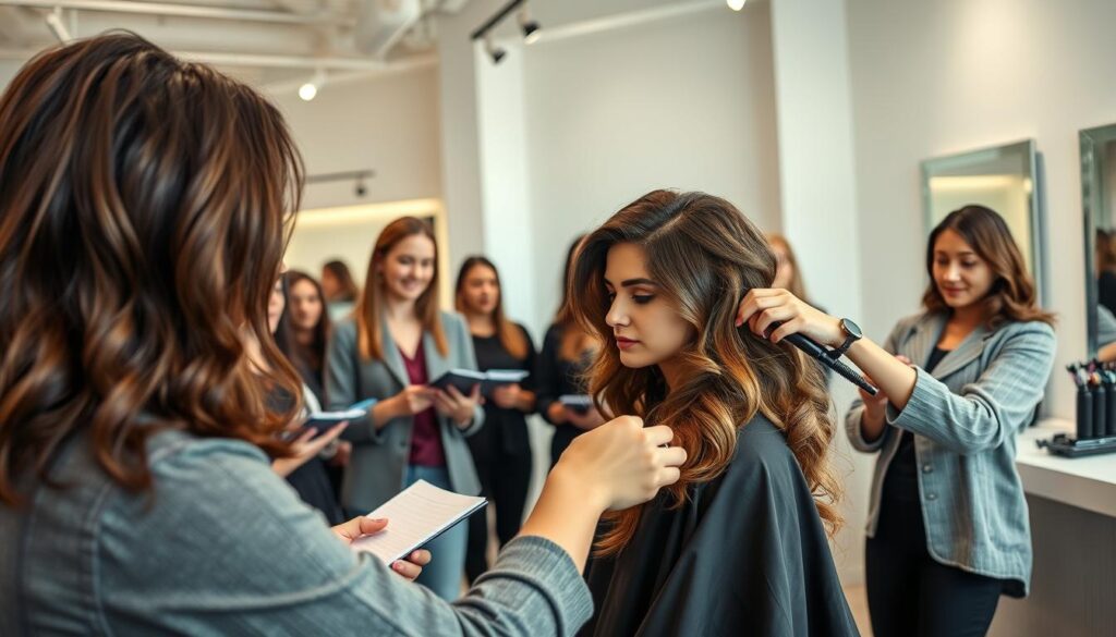 A professional hairstylist conducting a hands-on training session in a well-lit, modern salon. In the foreground, the stylist demonstrates intricate cutting and styling techniques on a model with voluminous, wavy hair. The middle ground showcases a group of attentive trainees, notebooks in hand, observing the demonstration. The background features sleek, minimalist decor, with stylish hair styling tools and equipment neatly arranged. The atmosphere is one of focused learning, with a sense of creativity and artistic flair permeating the scene. Soft, directional lighting accentuates the textures and movement of the hair, creating a visually striking and inspiring image. A professional hairstylist conducting a hands-on training session in a well-lit, modern salon. In the foreground, the stylist demonstrates intricate cutting and styling techniques on a model with voluminous, wavy hair. The middle ground showcases a group of attentive trainees, notebooks in hand, observing the demonstration. The background features sleek, minimalist decor, with stylish hair styling tools and equipment neatly arranged. The atmosphere is one of focused learning, with a sense of creativity and artistic flair permeating the scene. Soft, directional lighting accentuates the textures and movement of the hair, creating a visually striking and inspiring image.