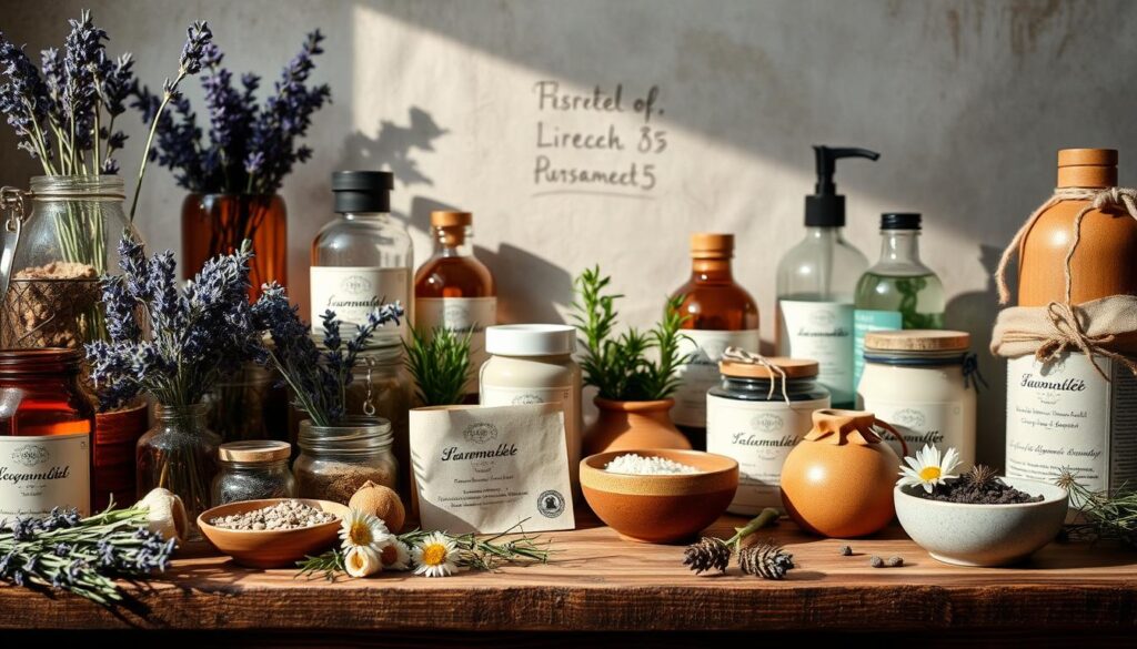 A richly detailed still life showcasing an array of Hungarian natural cosmetic ingredients. In the foreground, an assortment of jars, bottles, and ceramic vessels filled with aromatic botanicals like lavender, chamomile, and rosemary. Soft lighting casts warm shadows, highlighting the earthy textures and vibrant hues. In the middle ground, a wooden table or surface displays handwritten labels and traditional packaging, conveying a sense of craftsmanship and heritage. The background features a neutral, softly blurred backdrop, allowing the natural beauty of the ingredients to take center stage. The overall composition evokes a sense of calm, authenticity, and the gentle power of time-honored Hungarian cosmetic traditions. A richly detailed still life showcasing an array of Hungarian natural cosmetic ingredients. In the foreground, an assortment of jars, bottles, and ceramic vessels filled with aromatic botanicals like lavender, chamomile, and rosemary. Soft lighting casts warm shadows, highlighting the earthy textures and vibrant hues. In the middle ground, a wooden table or surface displays handwritten labels and traditional packaging, conveying a sense of craftsmanship and heritage. The background features a neutral, softly blurred backdrop, allowing the natural beauty of the ingredients to take center stage. The overall composition evokes a sense of calm, authenticity, and the gentle power of time-honored Hungarian cosmetic traditions.