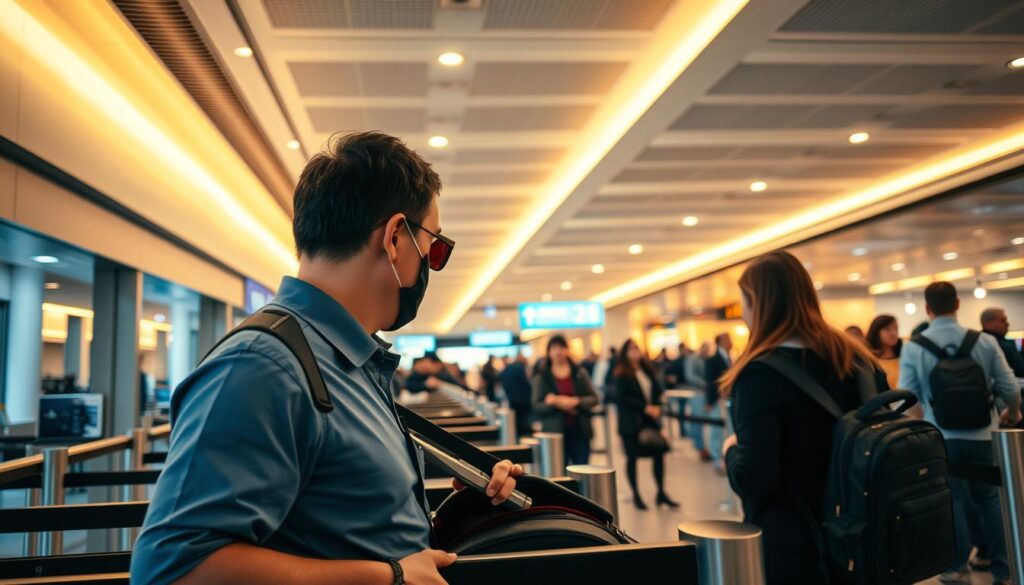 A secure airport terminal, bathed in warm, diffused lighting. In the foreground, a security checkpoint with agents carefully inspecting passenger belongings, including a hair straightener in a carry-on bag. In the middle ground, travelers calmly queue, aware of the necessary safety protocols. The background depicts the bustling activity of an international departure lounge, with sleek architectural details and a sense of efficiency. The overall atmosphere conveys a balance of vigilance and ease, emphasizing the importance of safety measures during air travel. A secure airport terminal, bathed in warm, diffused lighting. In the foreground, a security checkpoint with agents carefully inspecting passenger belongings, including a hair straightener in a carry-on bag. In the middle ground, travelers calmly queue, aware of the necessary safety protocols. The background depicts the bustling activity of an international departure lounge, with sleek architectural details and a sense of efficiency. The overall atmosphere conveys a balance of vigilance and ease, emphasizing the importance of safety measures during air travel.