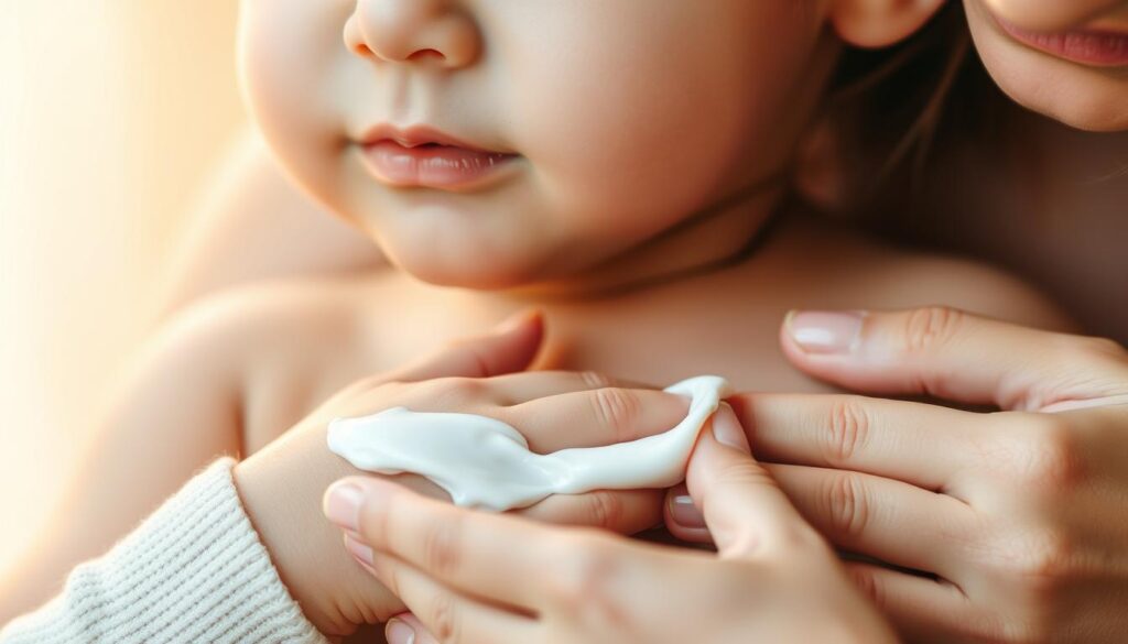 A serene, close-up scene of a mother's gentle hands applying a moisturizing cream to her young child's soft, smooth skin. The lighting is warm and diffused, creating a soothing atmosphere. The child's face is not visible, but their expression conveys a sense of trust and comfort. The background is blurred, allowing the focus to remain on the tender moment of skin care. The composition emphasizes the importance of proper skin care for a growing, developing child. A serene, close-up scene of a mother's gentle hands applying a moisturizing cream to her young child's soft, smooth skin. The lighting is warm and diffused, creating a soothing atmosphere. The child's face is not visible, but their expression conveys a sense of trust and comfort. The background is blurred, allowing the focus to remain on the tender moment of skin care. The composition emphasizes the importance of proper skin care for a growing, developing child.