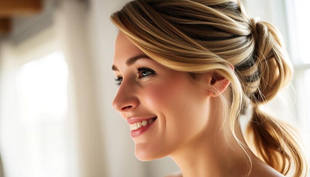 A serene, softly lit scene of a woman with a warm, inviting expression, her hair styled in a simple, effortless updo. The focus is on the hairstyle, highlighted by gentle, diffused lighting from the side, creating subtle shadows and highlights that accentuate the texture and movement of the hair. The background is blurred, keeping the attention on the subject's face and hairstyle, conveying a sense of tranquility and natural beauty. The overall mood is one of relaxation and approachability, reflecting the article's focus on easy, comfortable hairstyles for busy mothers. A serene, softly lit scene of a woman with a warm, inviting expression, her hair styled in a simple, effortless updo. The focus is on the hairstyle, highlighted by gentle, diffused lighting from the side, creating subtle shadows and highlights that accentuate the texture and movement of the hair. The background is blurred, keeping the attention on the subject's face and hairstyle, conveying a sense of tranquility and natural beauty. The overall mood is one of relaxation and approachability, reflecting the article's focus on easy, comfortable hairstyles for busy mothers.