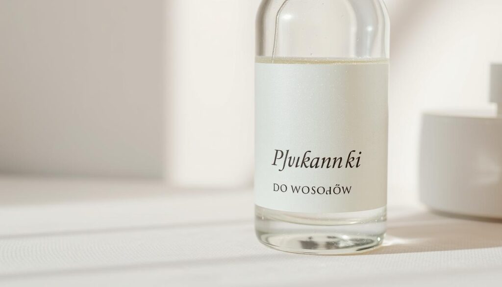 A serene, well-lit close-up of a transparent glass bottle filled with a pale, shimmering liquid. The bottle's label features a simple, elegant design with the words "Płukanki do włos&oacute;w" prominently displayed. The bottle is positioned on a soft, neutral-colored surface, allowing the liquid's translucent quality to shine. The lighting is soft and diffused, creating a calming, inviting atmosphere. The focus is sharp, drawing the viewer's attention to the bottle's contents and the label's typography. The overall composition is clean, minimalist, and evocative of the hair care product's purpose and quality.