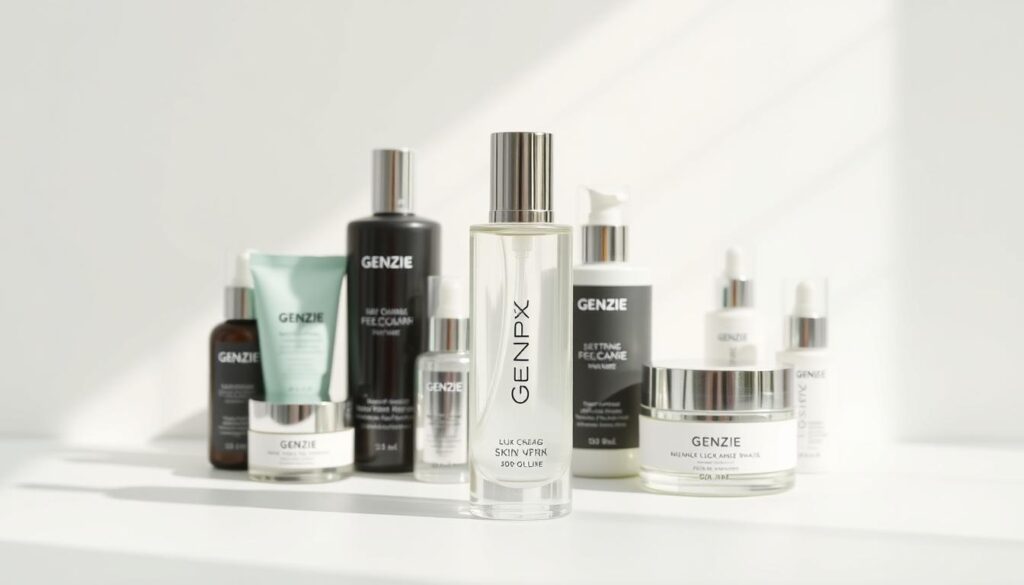 A sleek, minimalist bottle of Genzie skincare products takes center stage, bathed in soft, natural lighting against a clean, white background. The bottle's metallic accents and elegant typography exude a sense of modern sophistication. Surrounding the main product, an assortment of complementary Genzie items are arranged in a visually harmonious composition, showcasing the brand's comprehensive range. The overall mood is one of understated luxury, reflecting the high-quality, effective formulations for which Genzie is known among the generation of conscientious, discerning consumers.