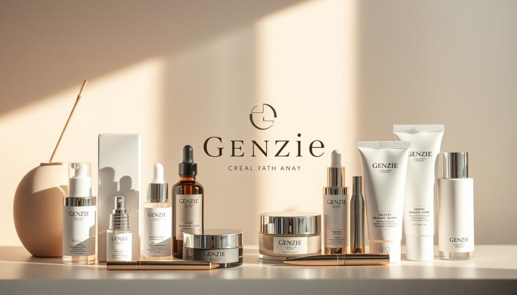 A sleek, minimalist display of Genzie's skincare and cosmetic products, bathed in warm, natural lighting. The foreground features an assortment of high-end, artfully packaged items - serums, moisturizers, and makeup - arranged in a visually appealing manner. The middle ground showcases the brand's elegant, minimalist logo and branding, conveying a sense of sophistication and attention to detail. The background is a softly blurred, neutral-toned setting, allowing the products to take center stage. The overall mood is one of sophistication, quality, and a philosophy of simple, effective self-care. A sleek, minimalist display of Genzie's skincare and cosmetic products, bathed in warm, natural lighting. The foreground features an assortment of high-end, artfully packaged items - serums, moisturizers, and makeup - arranged in a visually appealing manner. The middle ground showcases the brand's elegant, minimalist logo and branding, conveying a sense of sophistication and attention to detail. The background is a softly blurred, neutral-toned setting, allowing the products to take center stage. The overall mood is one of sophistication, quality, and a philosophy of simple, effective self-care.