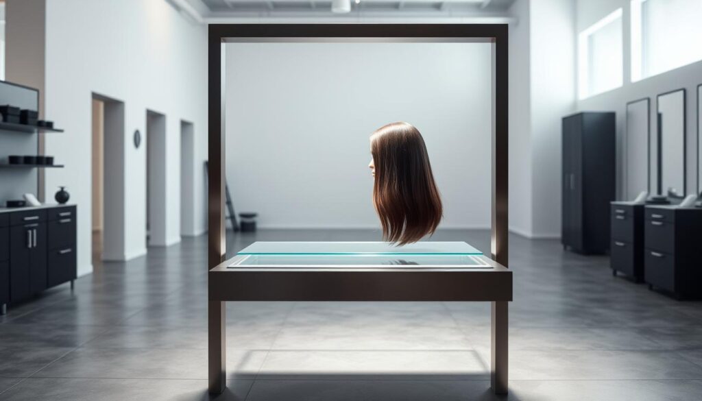 A sleek, minimalist styling studio with a stylized technika air touch hair coloring station in the foreground. The station features a modern, brushed metal frame and a floating glass platform where a head of hair is suspended, bathed in a soft, diffused light. In the middle ground, a sparse, industrial-chic interior with concrete floors and white walls, conveying a sense of clean, contemporary elegance. The background is hazy, out-of-focus, creating a tranquil, almost meditative atmosphere, emphasizing the focus on the innovative hair coloring technique. The overall mood is one of sophisticated technology, precision, and the transformative power of modern hair artistry.