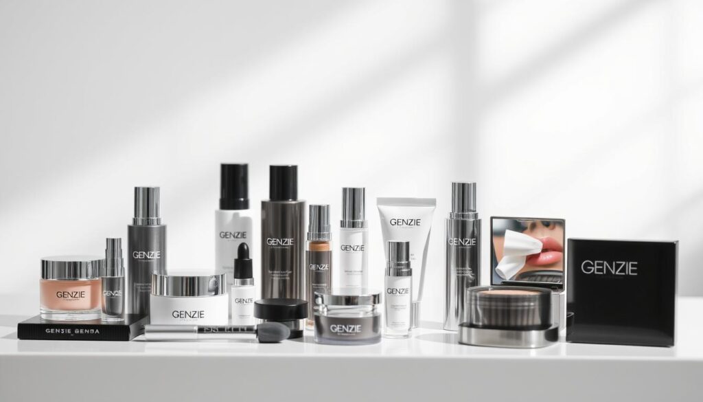 A sleek, modern display of Genzie cosmetic products showcased on a minimalist white surface. The items are arranged with careful consideration, highlighting their sophisticated packaging and design. Soft, diffused lighting from above casts gentle shadows, accentuating the textures and contours of the products. The background is blurred, keeping the focus on the cosmetics. The overall impression is one of high-end luxury, reflecting the quality and attention to detail associated with the Genzie brand. A sleek, modern display of Genzie cosmetic products showcased on a minimalist white surface. The items are arranged with careful consideration, highlighting their sophisticated packaging and design. Soft, diffused lighting from above casts gentle shadows, accentuating the textures and contours of the products. The background is blurred, keeping the focus on the cosmetics. The overall impression is one of high-end luxury, reflecting the quality and attention to detail associated with the Genzie brand.
