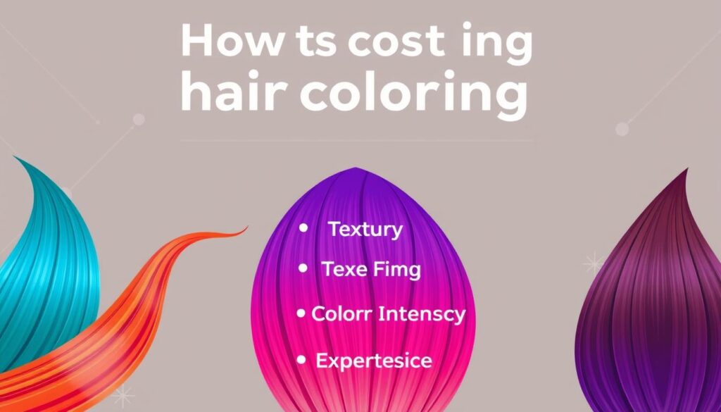 A sleek, modern illustration showcasing the key factors influencing the cost of hair coloring services. In the foreground, a stylized depiction of hair strands in various vibrant hues, representing the diversity of color treatments. In the middle ground, a clean typographic layout highlighting the major cost drivers such as hair length, texture, desired color intensity, and salon expertise. The background features a minimalist geometric pattern with muted color accents, creating a sophisticated and high-end visual aesthetic. The overall composition conveys a sense of informative clarity and visual appeal, perfectly suited to complement the article's section on the pricing factors for hair coloring.