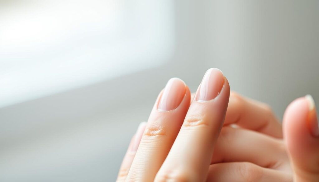 A sleek, modern manicure against a softly blurred background. In the foreground, delicate fingertips display a stylish, seamless polish application, with no visible regrowth or roots. The lighting is soft and diffused, accentuating the smooth, glossy finish of the nails. The composition emphasizes the hands in a close-up, high-resolution shot, capturing the intricate details of the manicure technique. The overall mood is one of effortless sophistication and attention to detail, perfectly suited to illustrate techniques for maintaining a flawless, regrowth-free nail appearance.