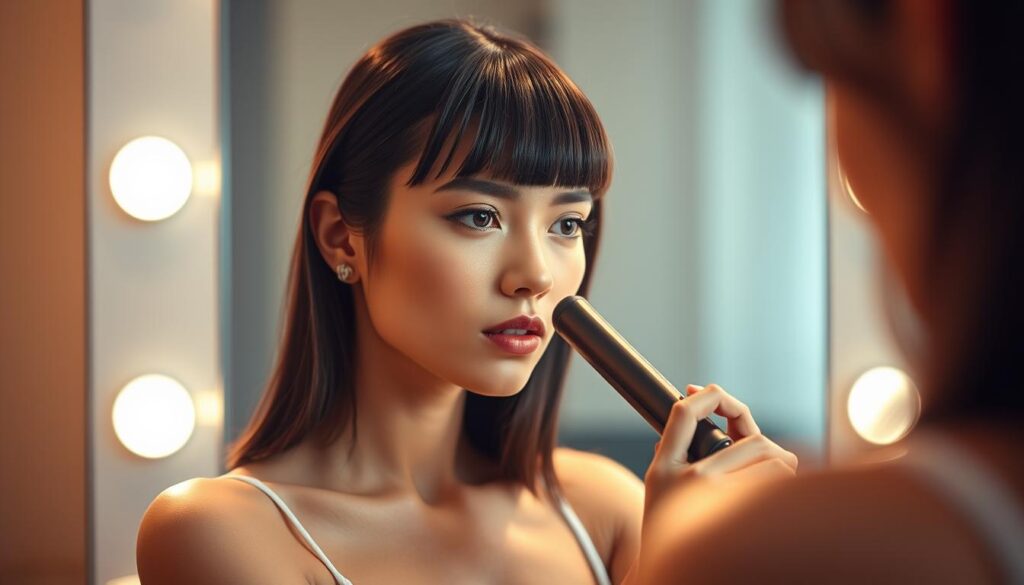 A sleek, modern-styled woman sitting in front of a vanity mirror, carefully styling her bangs with a straightening iron. Soft, warm lighting illuminates her face, casting gentle shadows and highlights that accentuate the delicate features. The background is slightly blurred, keeping the focus on the intricate process of straightening the bangs. The woman's expression is one of concentration and precision, reflecting the care and attention she puts into perfecting her look. The image conveys the benefits of mastering the technique of styling bangs with a straightening iron - a polished, sophisticated appearance that can elevate one's overall style.