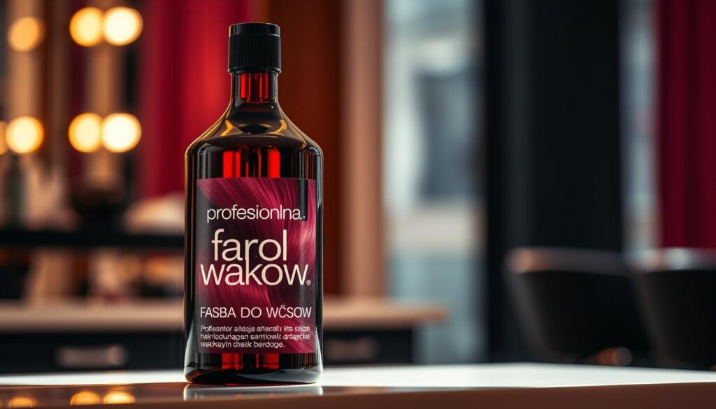 A sleek, professional-looking bottle of vibrant hair dye stands in the foreground, its label prominently displaying the Polish text "profesjonalna farba do włos&oacute;w". The bottle is captured in sharp focus, casting a warm, inviting glow against a softly blurred background that suggests an upscale salon environment. The lighting is carefully crafted, creating subtle shadows and highlights that accentuate the bottle's elegant design and the rich, saturated color of the hair dye. The overall composition conveys a sense of quality, expertise, and the careful consideration that goes into choosing the right professional hair color product.