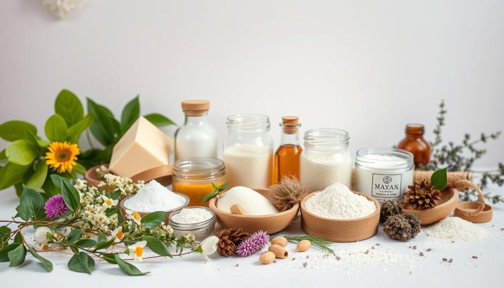 A still life arrangement showcasing a variety of safe, natural cosmetic ingredients. In the foreground, an assortment of botanical elements such as leaves, flowers, and herbs are delicately displayed against a soft, diffused lighting. The middle ground features various glass jars and containers filled with pure, unprocessed ingredients like shea butter, essential oils, and mineral powders. The background has a clean, minimalist backdrop, emphasizing the purity and simplicity of the carefully curated selection. The overall scene conveys a sense of tranquility, wholesomeness, and a commitment to safe, responsible cosmetic formulations suitable for a young audience. A still life arrangement showcasing a variety of safe, natural cosmetic ingredients. In the foreground, an assortment of botanical elements such as leaves, flowers, and herbs are delicately displayed against a soft, diffused lighting. The middle ground features various glass jars and containers filled with pure, unprocessed ingredients like shea butter, essential oils, and mineral powders. The background has a clean, minimalist backdrop, emphasizing the purity and simplicity of the carefully curated selection. The overall scene conveys a sense of tranquility, wholesomeness, and a commitment to safe, responsible cosmetic formulations suitable for a young audience.