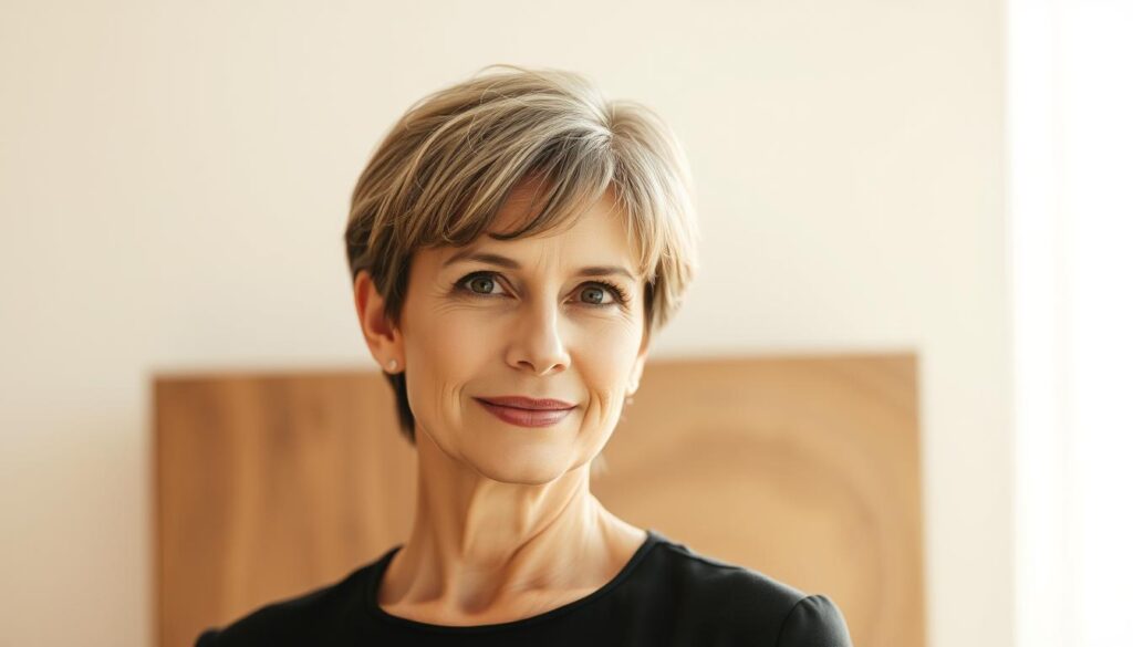 A stylish, middle-aged woman with a confident, sophisticated expression stands against a softly blurred, minimalist background. Her short, textured haircut frames her face beautifully, accentuating her delicate features. The lighting is warm and flattering, creating subtle shadows that add depth and dimension. The camera angle is slightly elevated, giving a sense of elegance and poise. The overall mood is one of timeless elegance and effortless style, perfectly capturing the essence of a chic, 40-year-old woman. Kobieta z krótką teksturowaną fryzurą