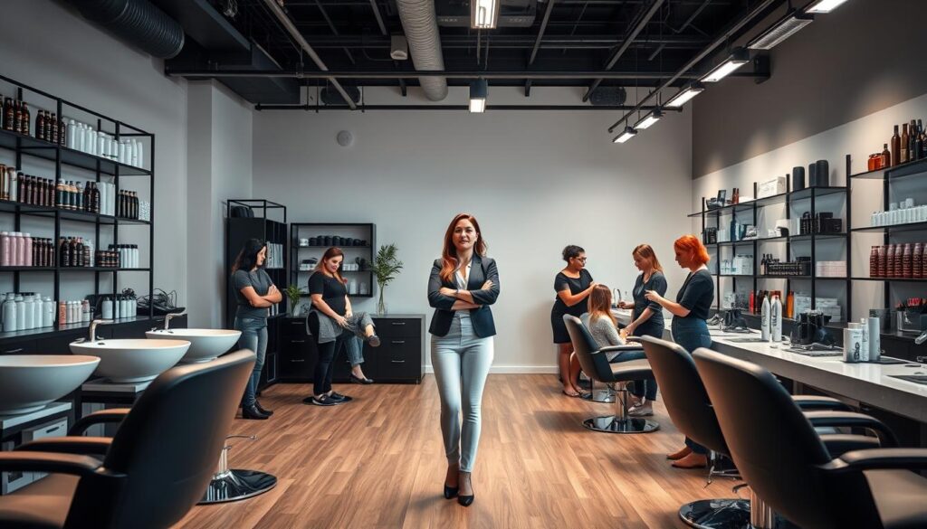A stylish, well-lit studio interior showcasing a woman standing confidently at the center, dressed in a professional hairstylist's attire. The foreground features an array of salon equipment, including shampoo bowls, styling stations, and shelves displaying an assortment of premium haircare products. The middle ground showcases a group of attentive trainees, intently observing the instructor's hands-on demonstration of various haircutting and coloring techniques. The background subtly hints at a modern, minimalist design aesthetic, with clean lines and a neutral color palette that creates a calming, focused atmosphere conducive to learning. The overall scene conveys a sense of expertise, professionalism, and a dedication to the art of hairstyling. A stylish, well-lit studio interior showcasing a woman standing confidently at the center, dressed in a professional hairstylist's attire. The foreground features an array of salon equipment, including shampoo bowls, styling stations, and shelves displaying an assortment of premium haircare products. The middle ground showcases a group of attentive trainees, intently observing the instructor's hands-on demonstration of various haircutting and coloring techniques. The background subtly hints at a modern, minimalist design aesthetic, with clean lines and a neutral color palette that creates a calming, focused atmosphere conducive to learning. The overall scene conveys a sense of expertise, professionalism, and a dedication to the art of hairstyling.