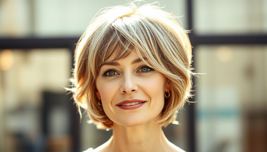 A stylish woman in her 40s, with a chic and youthful short haircut. The hairstyle features delicate layers, subtle highlights, and a tousled, textured finish that frames her face beautifully. Soft, diffused lighting illuminates her features, creating a warm, radiant glow. The background is a serene, blurred setting, allowing the focus to remain on the model's rejuvenated appearance. The overall mood is one of effortless elegance and a confident, vibrant spirit.