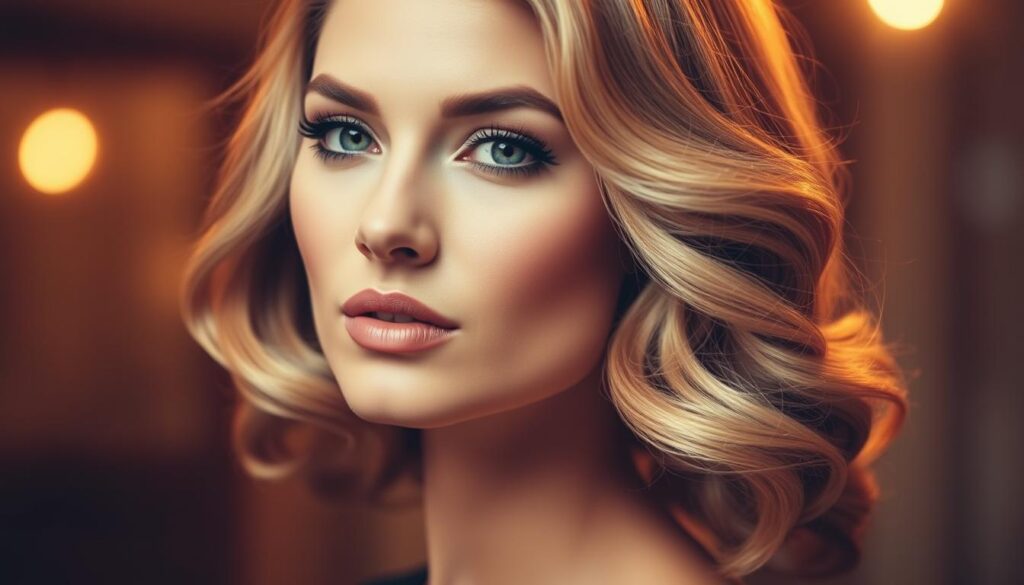 A stylish woman with a elegant facial structure, her hair styled in a way that perfectly accentuates her features. Soft, lush waves frame her face, creating a flattering, feminine silhouette. The lighting is soft and diffused, casting a warm, golden glow that enhances the natural tones of her hair. The focus is on her face, with the background gently blurred to direct the viewer's attention. The overall mood is one of sophisticated beauty and confidence, reflecting the artistry and care put into crafting this gorgeous, face-framing hairstyle. A stylish woman with a elegant facial structure, her hair styled in a way that perfectly accentuates her features. Soft, lush waves frame her face, creating a flattering, feminine silhouette. The lighting is soft and diffused, casting a warm, golden glow that enhances the natural tones of her hair. The focus is on her face, with the background gently blurred to direct the viewer's attention. The overall mood is one of sophisticated beauty and confidence, reflecting the artistry and care put into crafting this gorgeous, face-framing hairstyle.